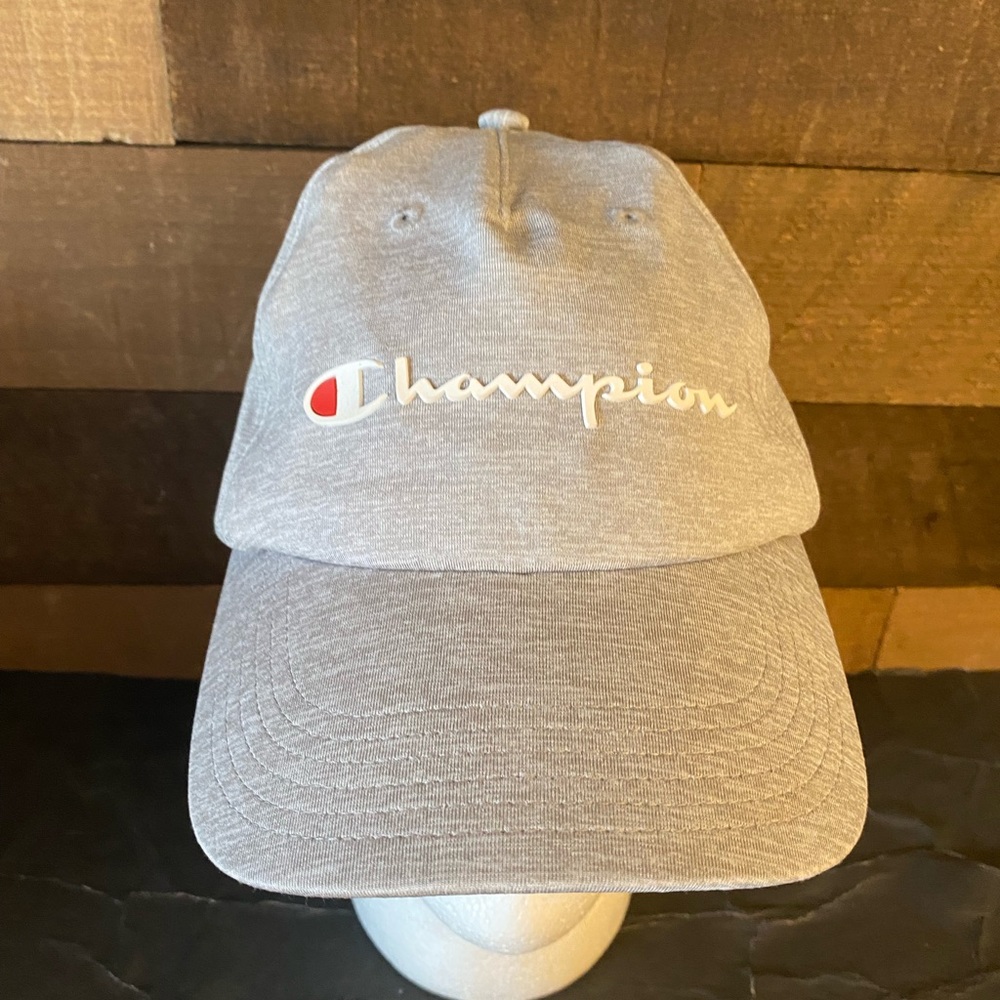 champion heather gray spellout dad baseball hat adjustable strap.